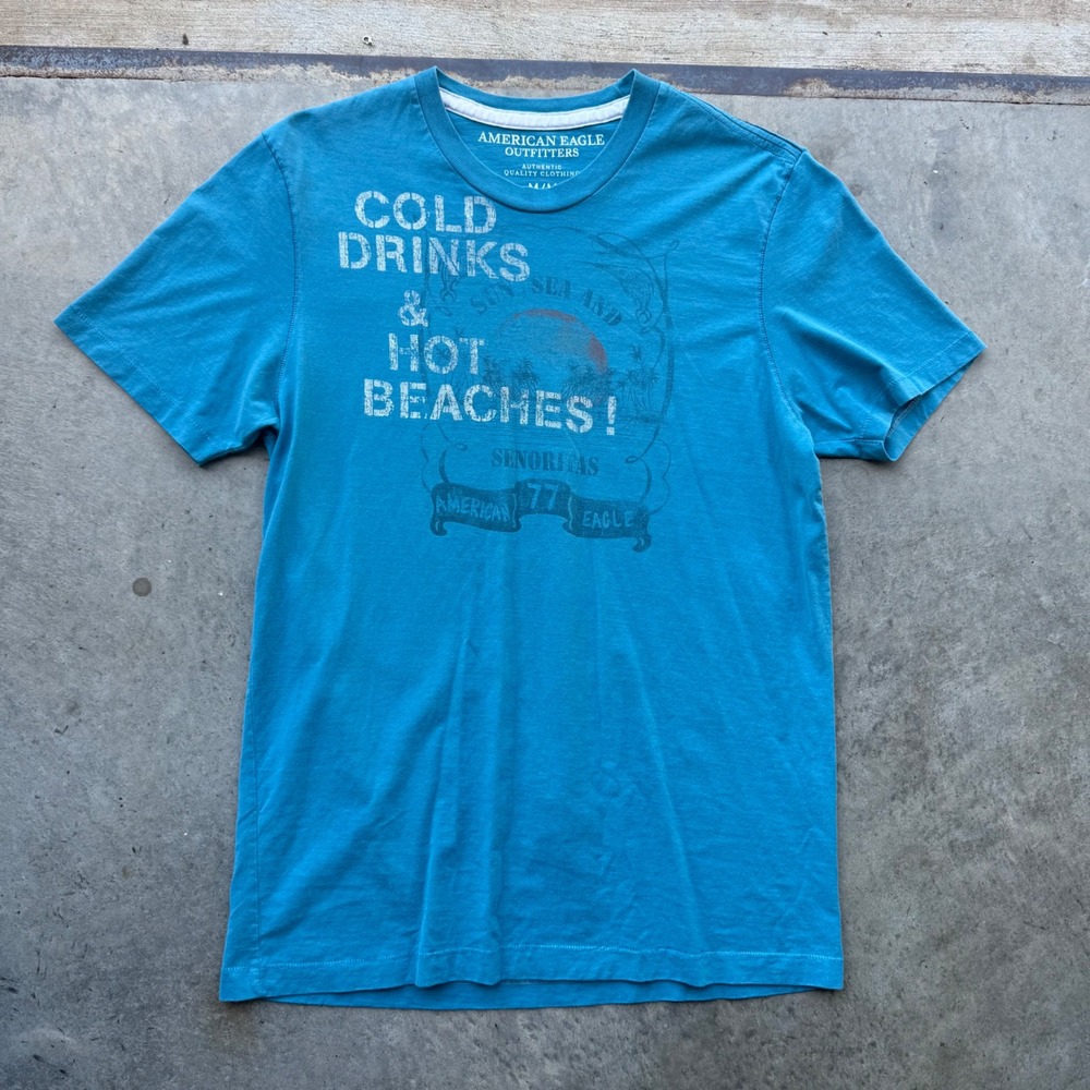 Y2K American Eagle Mens Teal Cold Drinks Hot Beaches Graphic T-Shirt Size M